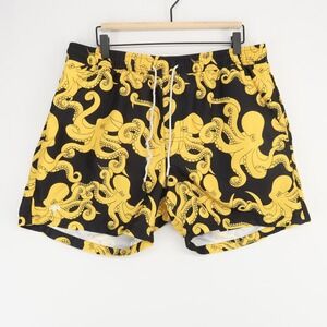 OAS Swim Trunks Mens XXL Black Yellow Octopus Print Mesh Lined Drawstring